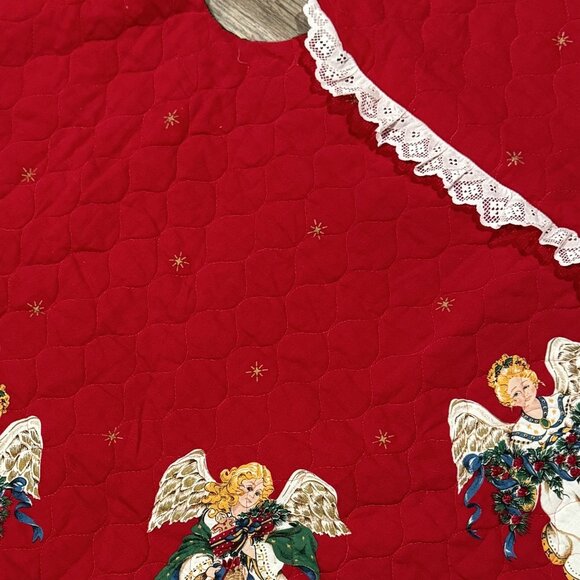 Handmade Quilted Christmas Tree Skirt Red With Lace Trim Angel Design 56" Round - Picture 4 of 8